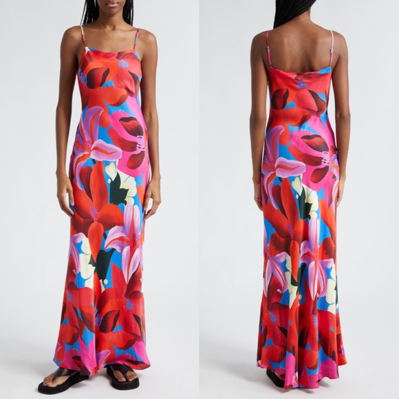 *SOLD* Farm Rio Watercolor Floral Slip Satin Maxi Dress Floral Blue Small NEW - Picture 3 of 15
